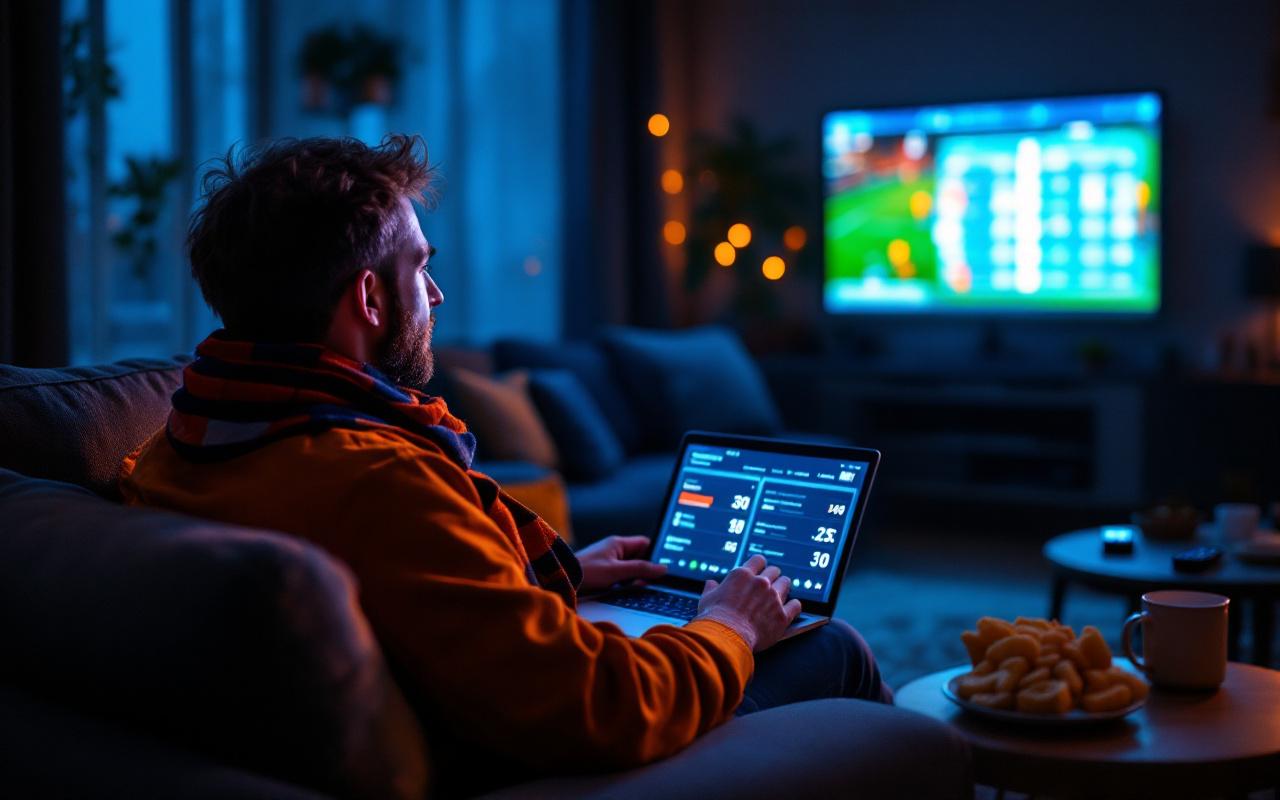 Un fan regarde un match sur un ordinateur portable affichant une comparaison des cotes, assis sur un canapé dans un salon tamisé, l'écran lumineux éclaire son visage, écharpe de l'équipe et snacks sur la table basse.