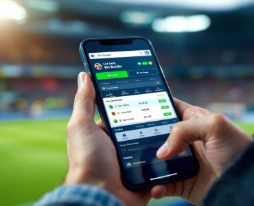 Gros plan d'un smartphone tenu à la main affichant des cotes de football en direct et un bet builder interactif sur l'application, fond de stade flou, lumière naturelle douce, couleurs dominantes vert et bleu foncé.
