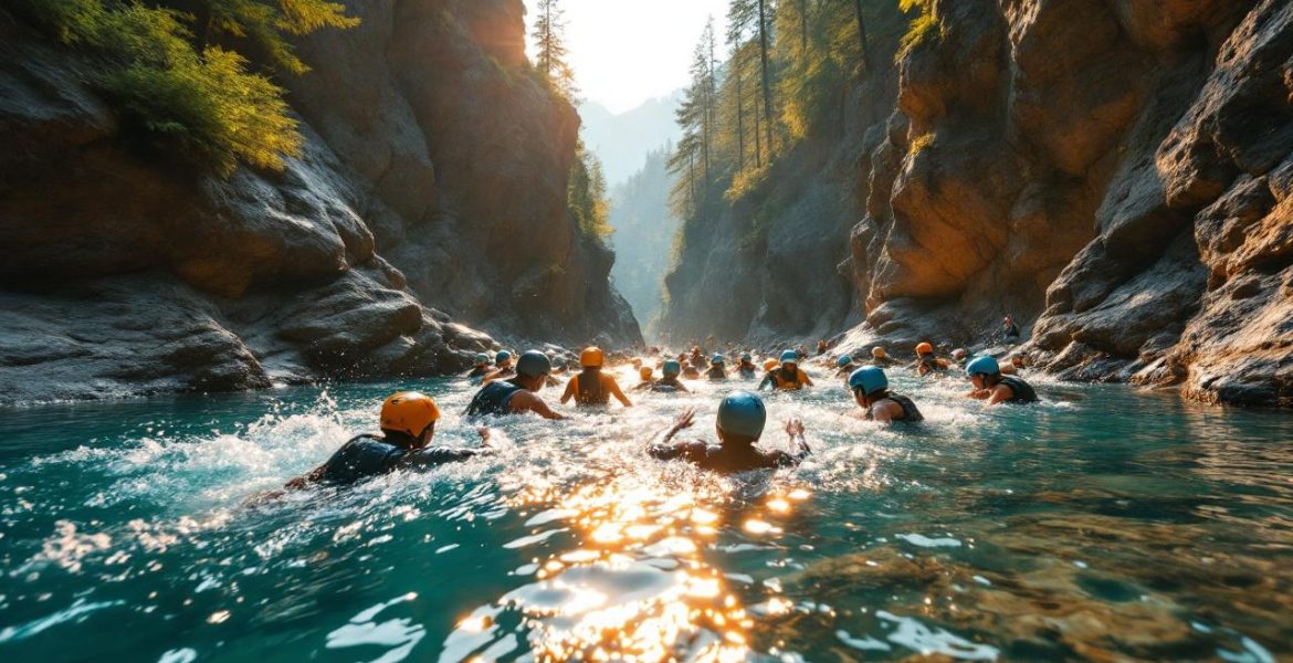 Groupe de personnes en canyoning dans des bassins naturels turquoise sous des sommets rocheux, en combinaison et casque, sautant et éclaboussant l'eau claire, lumière dorée volumétrique au coucher du soleil, rochers et pins en arrière-plan.