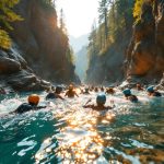Groupe de personnes en canyoning dans des bassins naturels turquoise sous des sommets rocheux, en combinaison et casque, sautant et éclaboussant l'eau claire, lumière dorée volumétrique au coucher du soleil, rochers et pins en arrière-plan.
