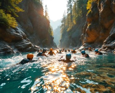 Groupe de personnes en canyoning dans des bassins naturels turquoise sous des sommets rocheux, en combinaison et casque, sautant et éclaboussant l'eau claire, lumière dorée volumétrique au coucher du soleil, rochers et pins en arrière-plan.
