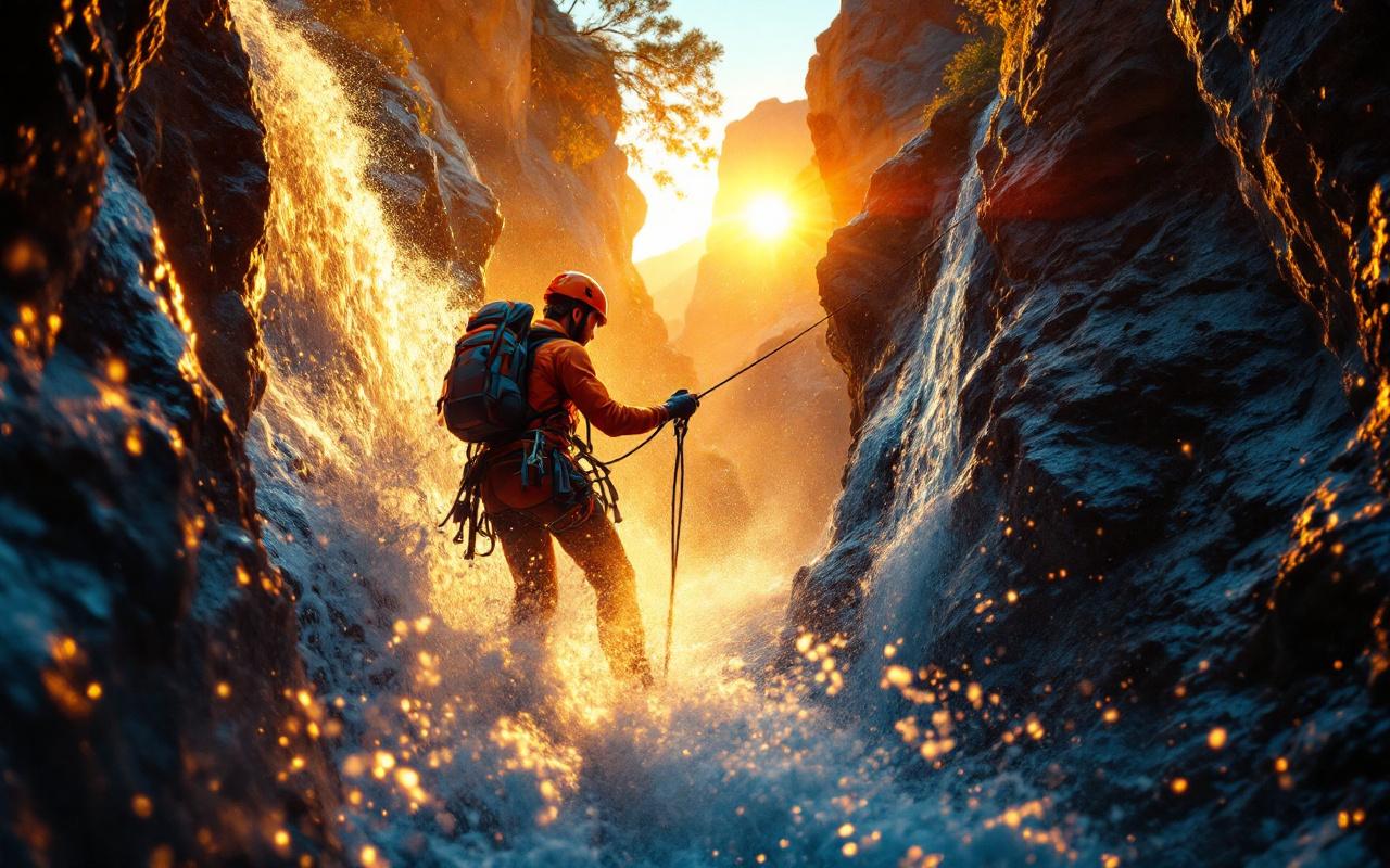 Un guide aide un grimpeur lors d'une descente en rappel le long d'une cascade dans un canyon de montagne. Le grimpeur, en harnais et casque, descend sur une corde pendant que le guide le sécurise, eau en éclaboussures et brume, parois rocheuses rugueuses, lumière de coucher de soleil aux tons bleu profond et orange chaud.