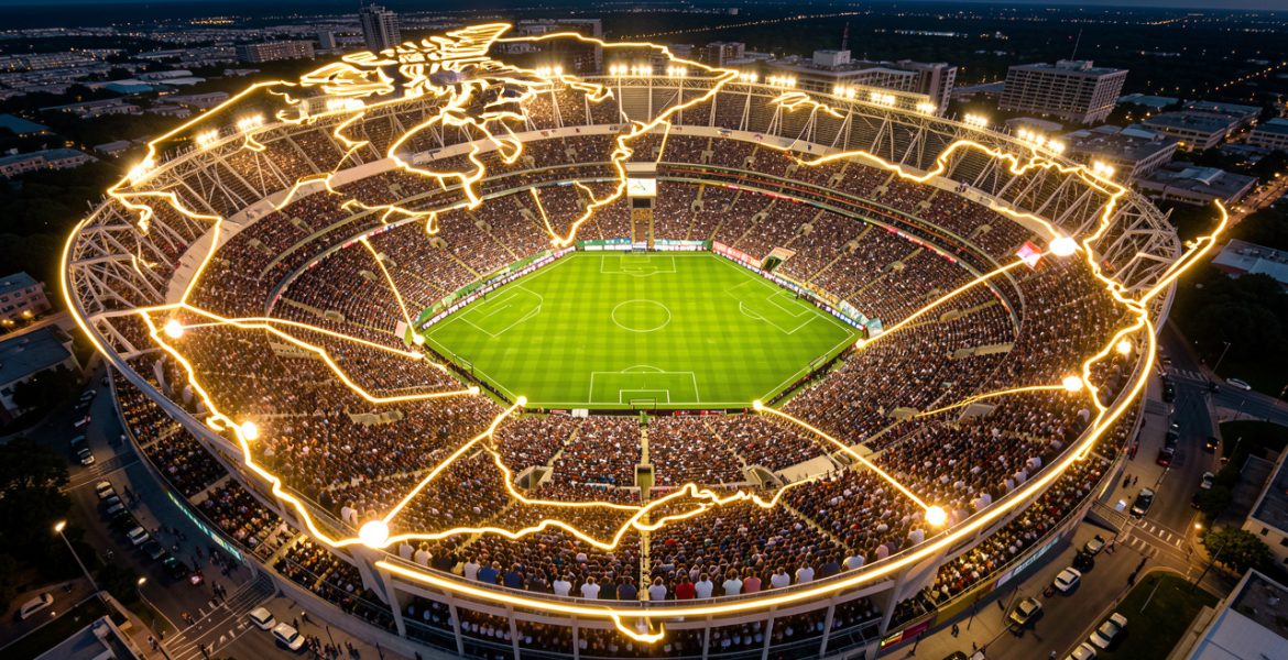 Vue aérienne d’un grand stade de football rempli de spectateurs, entouré d’une carte stylisée reliant le Canada, le Mexique et les États-Unis dans une ambiance de compétition internationale.
