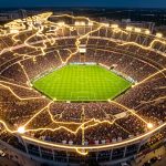 Comment décrypter le Mondial FIFA 2026 : 48 équipes, hôtes, stades, calendrier ? Vue aérienne d’un grand stade de football rempli de spectateurs, entouré d’une carte stylisée reliant le Canada, le Mexique et les États-Unis dans une ambiance de compétition internationale.