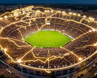 Vue aérienne d’un grand stade de football rempli de spectateurs, entouré d’une carte stylisée reliant le Canada, le Mexique et les États-Unis dans une ambiance de compétition internationale.
