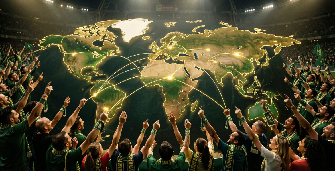 Supporters et supportrices de football réunis autour d’une carte lumineuse reliant l’Europe, l’Afrique et l’Amérique du Sud dans une ambiance de grand tournoi international.