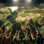 Comment suivre la Coupe du monde 2030 dans les pays hôtes ? Supporters et supportrices de football réunis autour d’une carte lumineuse reliant l’Europe, l’Afrique et l’Amérique du Sud dans une ambiance de grand tournoi international.