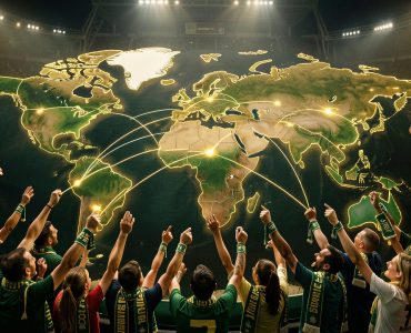 Supporters et supportrices de football réunis autour d’une carte lumineuse reliant l’Europe, l’Afrique et l’Amérique du Sud dans une ambiance de grand tournoi international.
