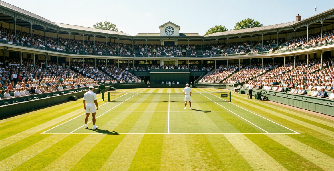 Vue du Centre Court de Wimbledon sous le soleil, gazon parfaitement tondu et joueurs en tenue blanche, ambiance de tournoi avec un public élégant.