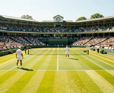 Vue du Centre Court de Wimbledon sous le soleil, gazon parfaitement tondu et joueurs en tenue blanche, ambiance de tournoi avec un public élégant.