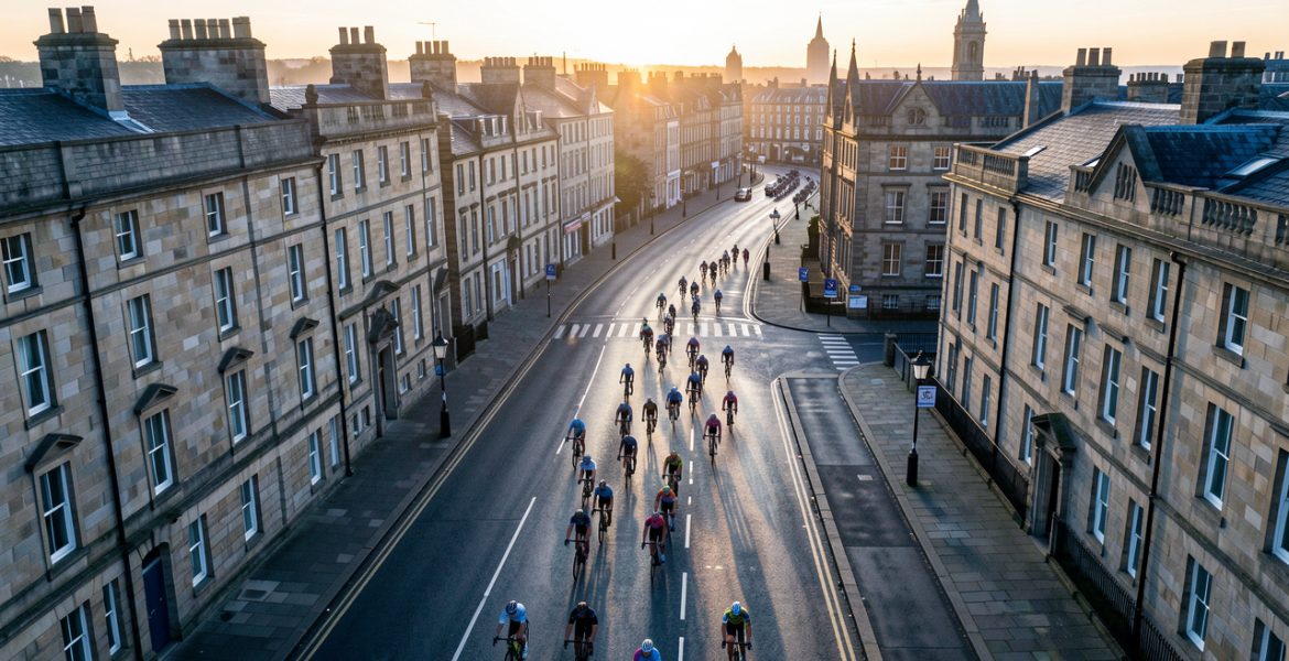 Vue aérienne d’Édimbourg au lever du jour, avec un groupe de cyclistes roulant sur une route urbaine dans une ambiance de grande course cycliste.