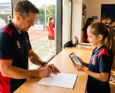 Un père et sa fille à l'accueil d'un club sportif, remplissant un dossier d'inscription avec un smartphone sans texte visible, dans une ambiance de rentrée sportive.