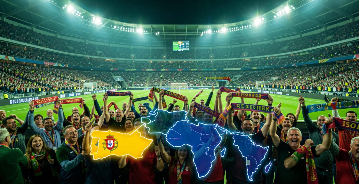 Vue panoramique d’un stade de football moderne rempli de supporters, avec une carte stylisée reliant l’Espagne, le Portugal, le Maroc et l’Amérique du Sud dans une ambiance festive de compétition internationale.