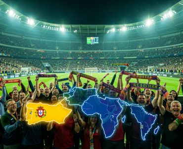 Vue panoramique d’un stade de football moderne rempli de supporters, avec une carte stylisée reliant l’Espagne, le Portugal, le Maroc et l’Amérique du Sud dans une ambiance festive de compétition internationale.