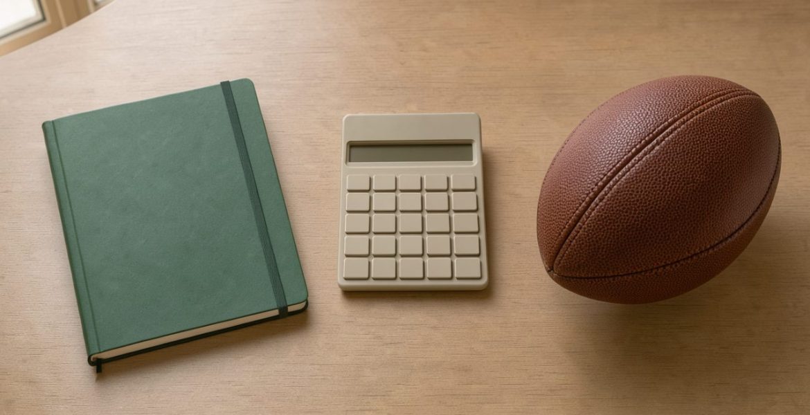 Carnet de budget fermé, calculatrice sans inscription et ballon de football posés sur un bureau sobre éclairé par la lumière naturelle.