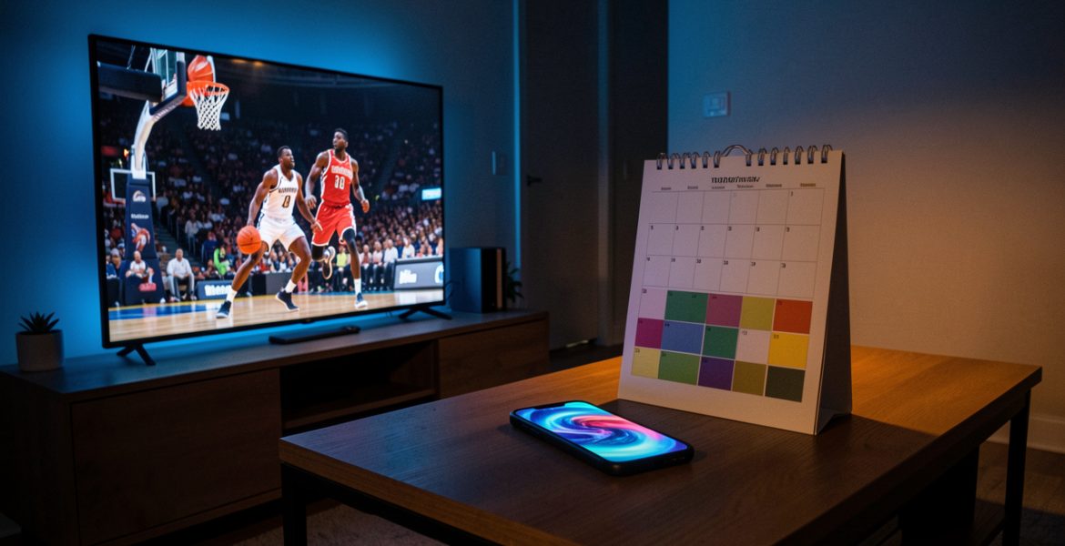 Salon contemporain éclairé la nuit, avec une télévision diffusant un match de basket, un calendrier sportif vierge et un smartphone posés sur une table basse.