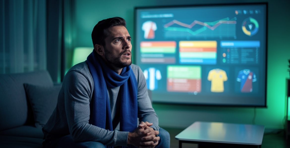 Supporter de football observant un grand écran présentant des graphiques sportifs abstraits dans une ambiance réaliste et éclairée comme un stade.