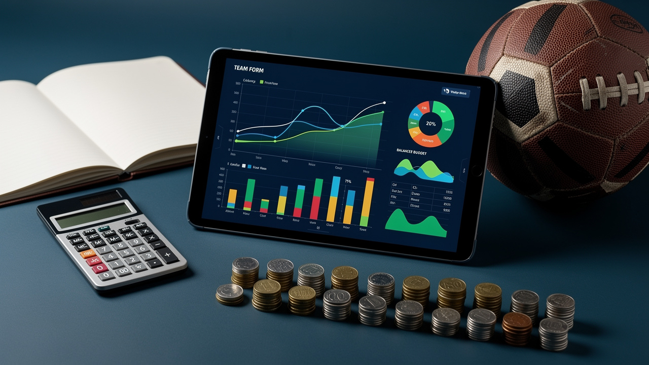 Composition éditoriale premium montrant un espace d’analyse de football avec tablette, graphiques abstraits, ballon, calculatrice, carnet et éléments symbolisant la gestion du budget.