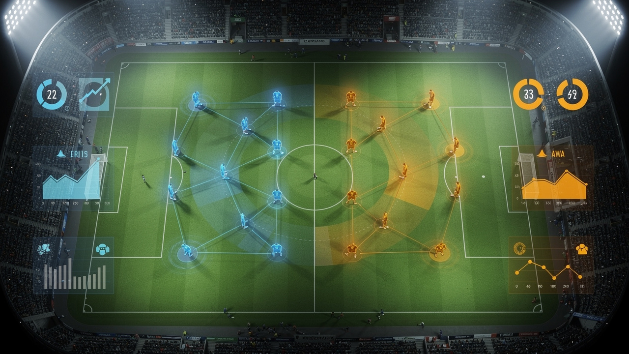 Vue aérienne tactique d’un stade de football avec des marqueurs de formation, des éléments graphiques de statistiques abstraites et une comparaison visuelle entre les équipes à domicile et à l’extérieur.